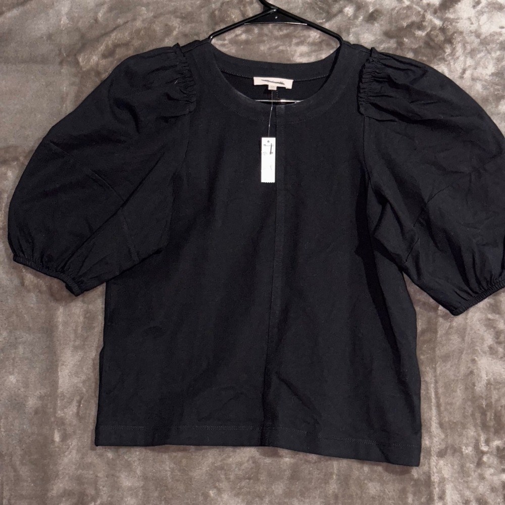 Madewell Womens XS Black Puff Sleeve Crew Neck Cotton Blend Top‎ Blouse